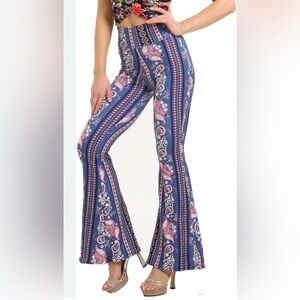 High Waist Blue and Pink Pull On Flare Pants with Bohemian Pattern